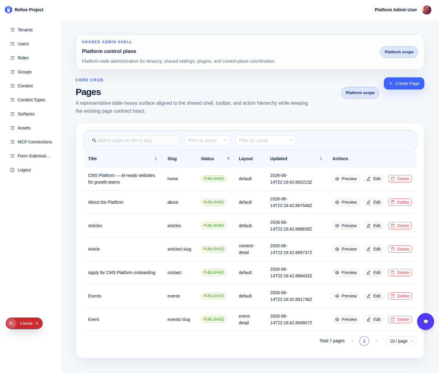 CMS Pages / manifest-driven page builder current runtime screenshot