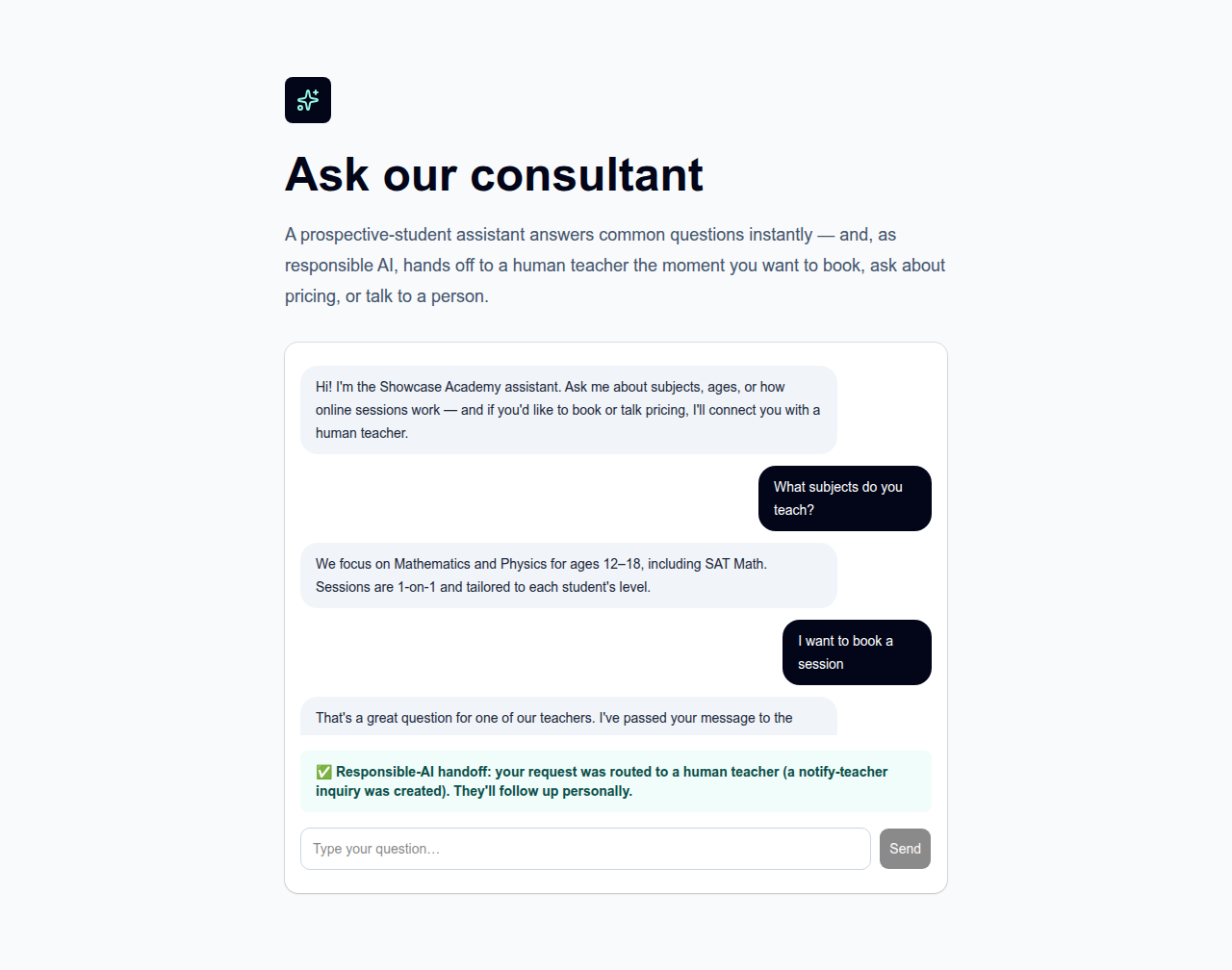 Tutoring consultant chat: bot answers an FAQ, then escalates a booking request to a human teacher