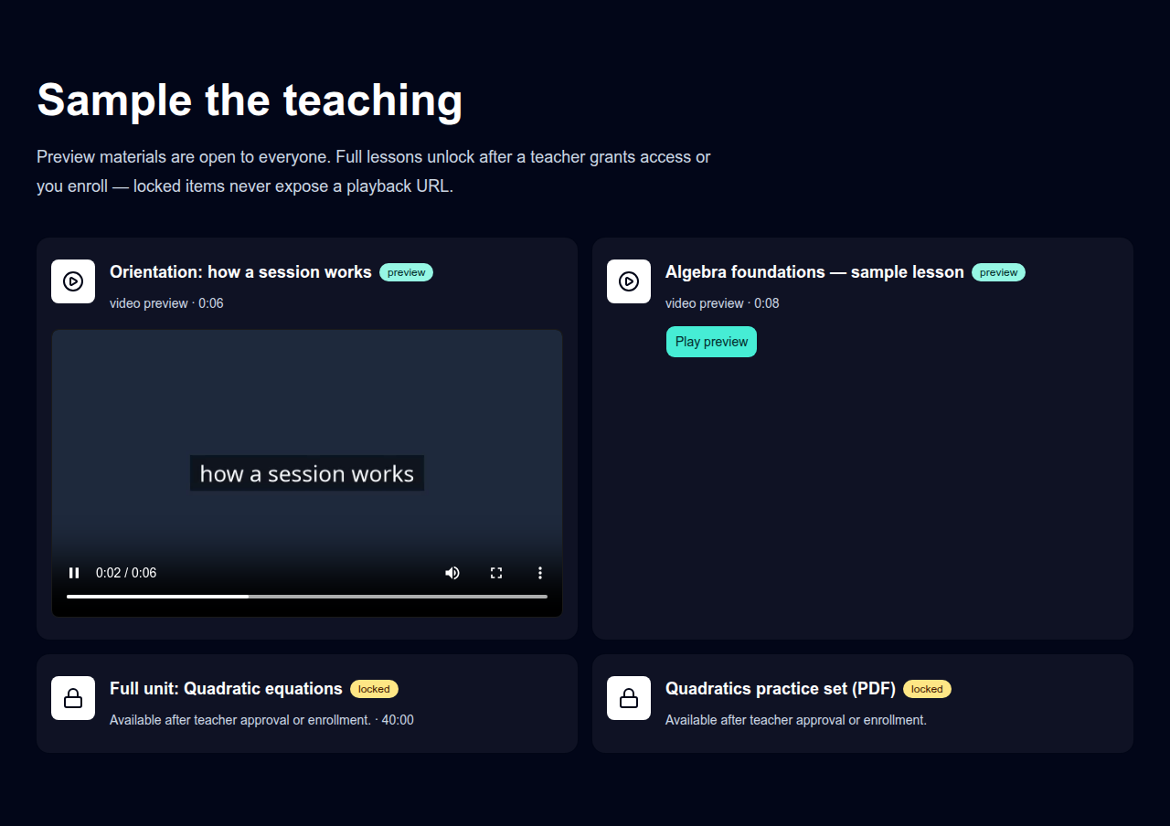 Showcase tutoring Sample teaching: a public preview video playing inline, with paid lessons locked